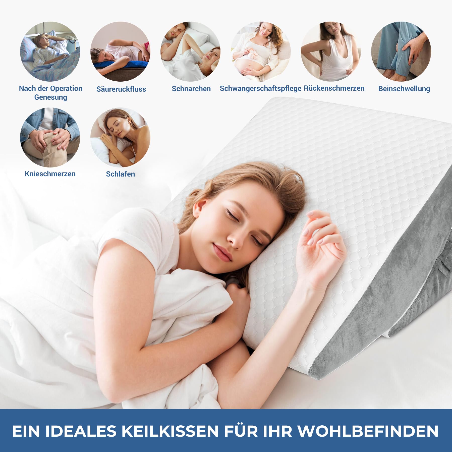 Verstellbares Keilkissen, Hochdichteschaum Lesekissen mit Nackenrolle für Bett und Sofa, Ergonomischer Bettkeil für Reflux Schlafapnoe, Beinkissen, Rückenkissen zum Lesen, Spielen oder Fernsehen