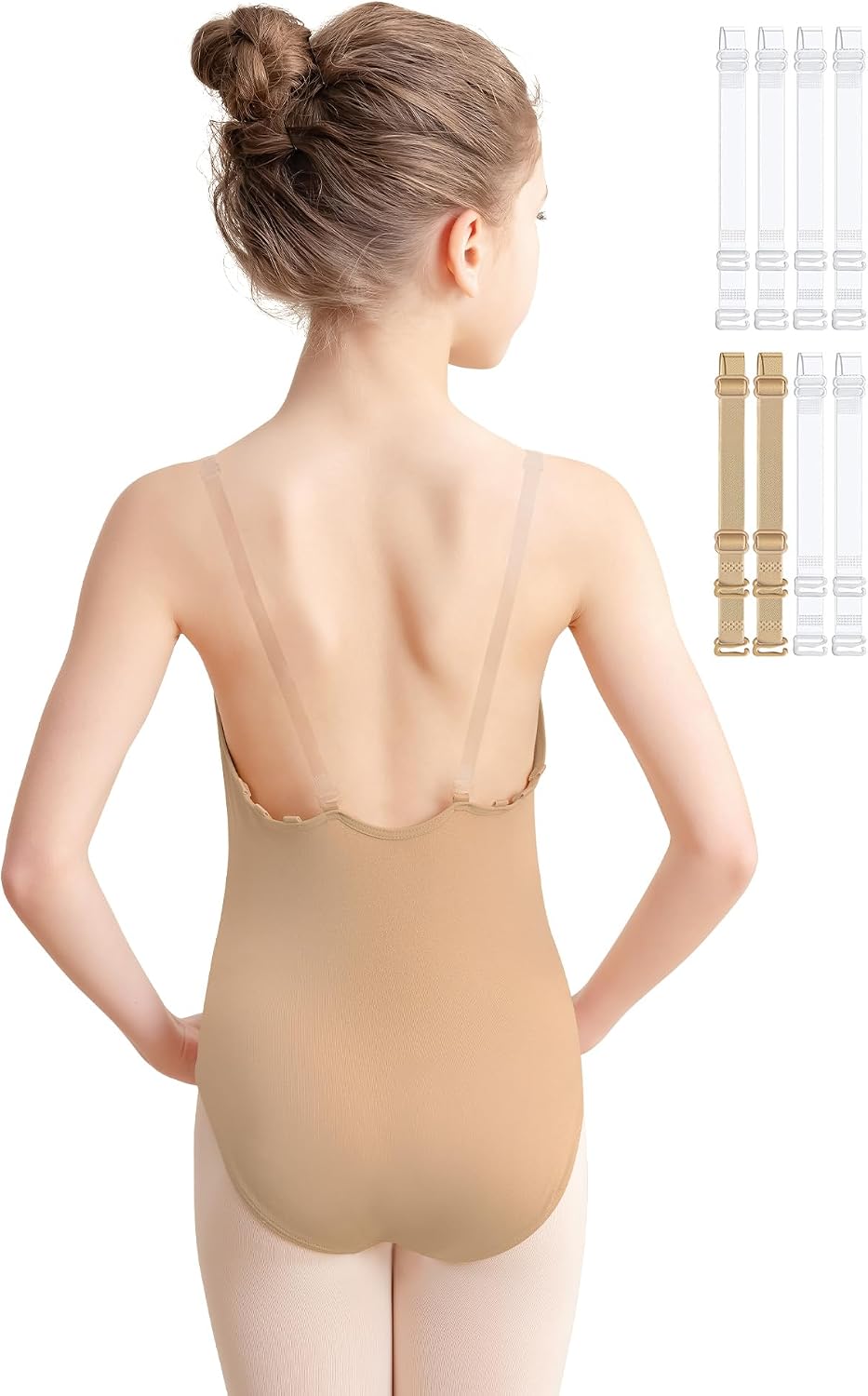 Women and Girls Nude Ballet Undergarment Seamless Camisole Dance Leotard with 3 Pairs Clear Transition Straps