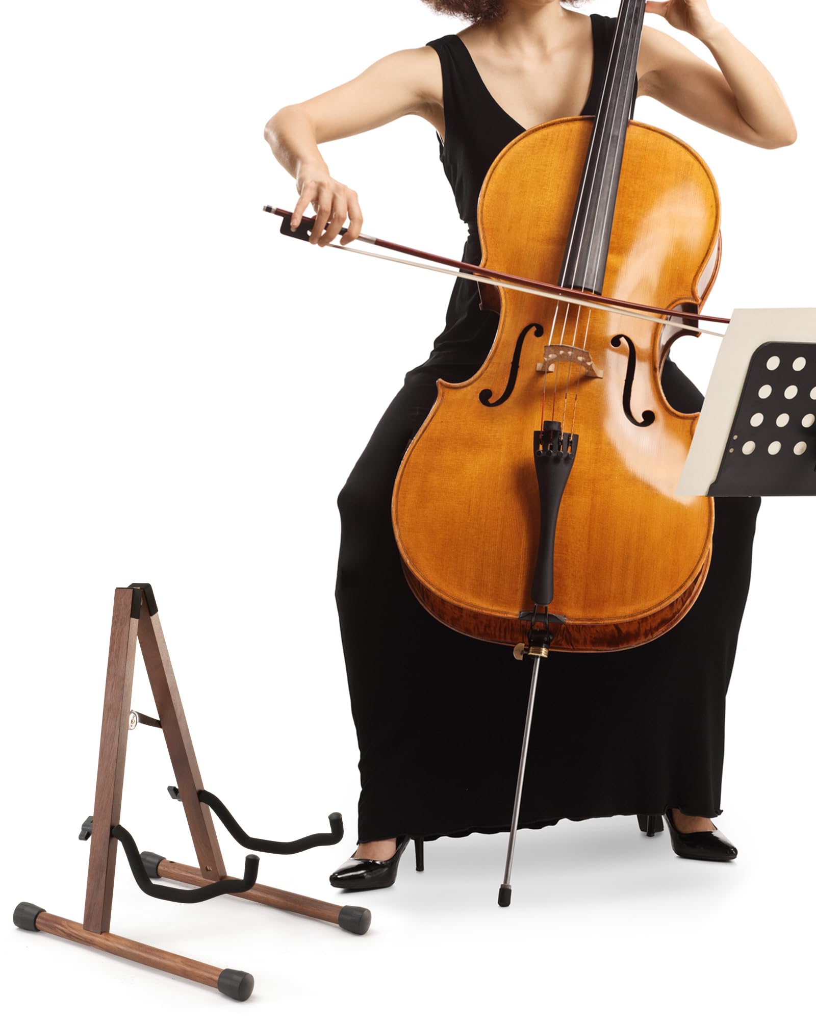 Supporto per Violoncello a Forma di A con Porta Arco, Stabile e Sicuro, in Noce con Schiuma Imbottita per Violoncelli 1/2, 3/4, 7/8 e 4/4, adatto anche per Chitarra