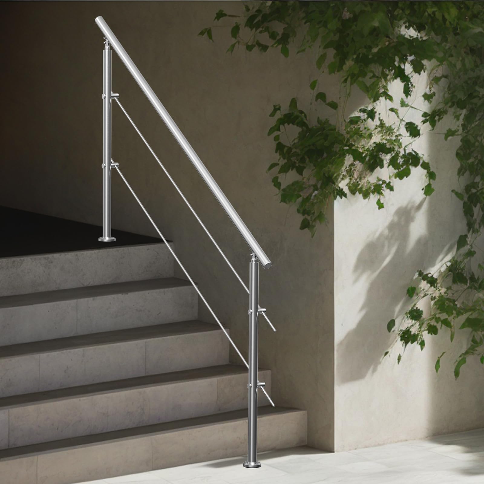 VEVOR Corrimano per Gradini Esterni, Kit Corrimano per Scale 2 Traverse 180 cm Lunghezza, Ringhiere Transizione Acciaio Inox Kit Installazione, Corrimano Scale Doppia Colonna per Veranda e Terrazza