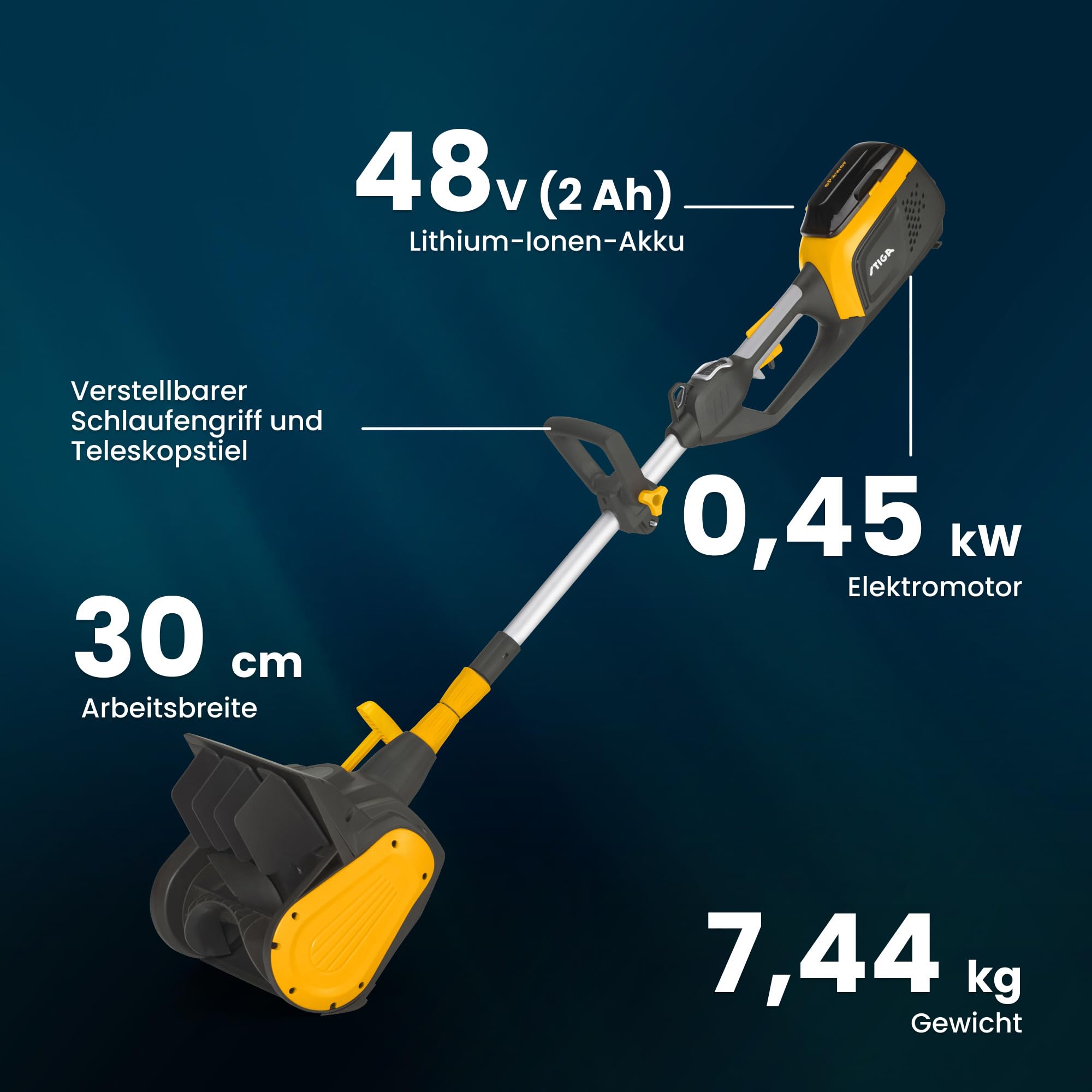 STIGA ST 300e Kit Schneefräse (450W), Betrieb bis -20°, Inkl. 48V (2Ah) Akku & Ladegerät, Gelb