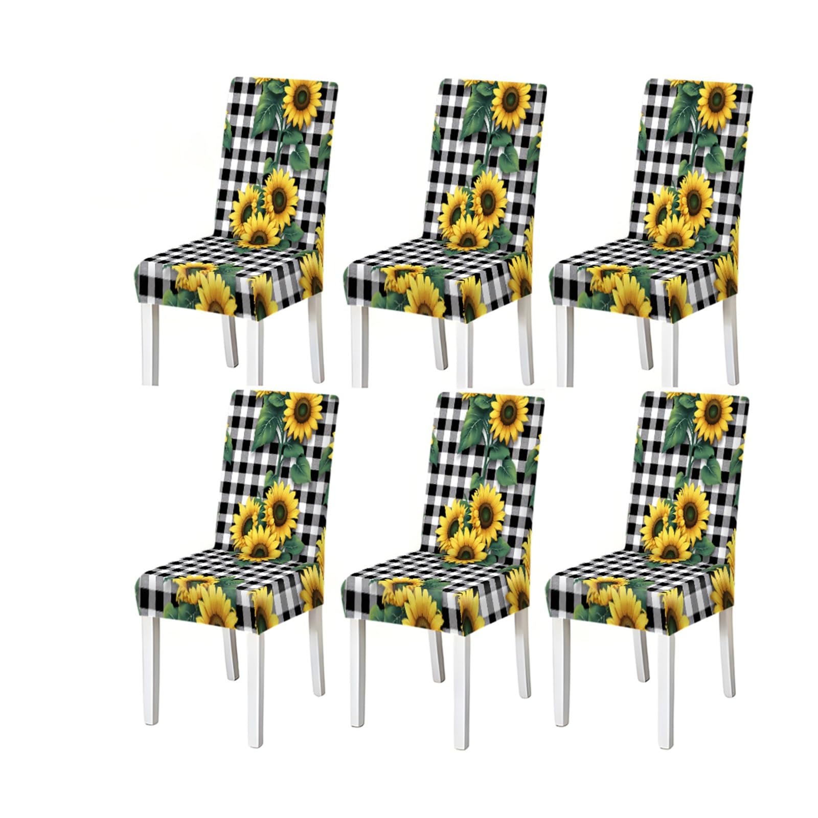 KXUAUV Sunflower Buffalo Plaid Pattern Print Dining Chair Covers Set Of 2/4/6, Stretch Slipcovers For Kitchen Dining Room Seat Protectors for Restaurant Hotel Party(6PCSChair cover)