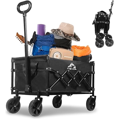 Collapsible Wagon 352LBS Capacity, Foldable Large Wagons Carts, Heavy Duty Outdoor Folding Wagon with All-Terrain Wheels, Utility Garden Beach Wagon with Storage Bag Black