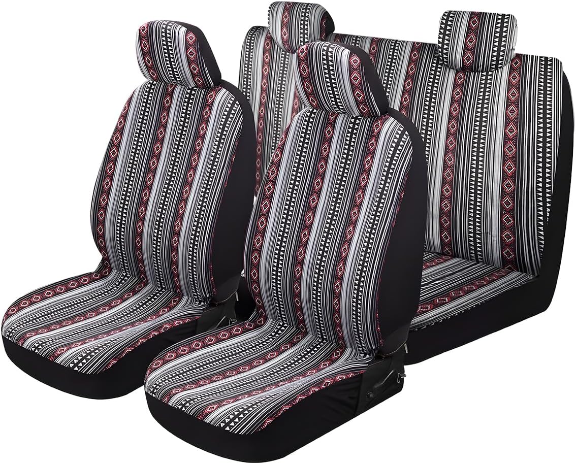 5PCS Baja Saddle Blanket Car Seat Covers, Front Set Breathable Washable Seat Covers with Seatbelt Pad, Striped Woven Cloth Airbag Compatible Seats Protector for Most Vehicles (5pcs)