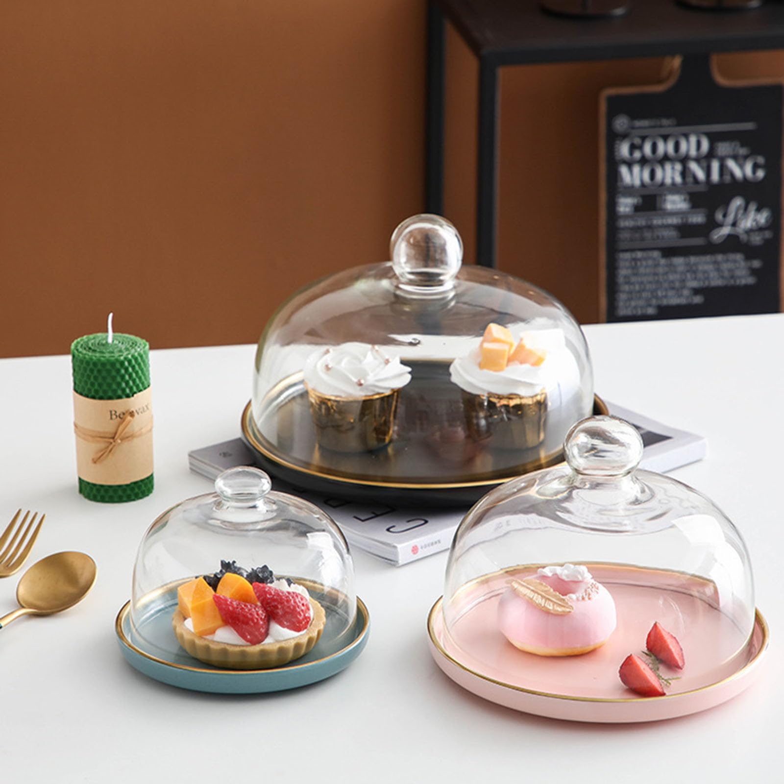Platos para Comida,Soporte de cerámica Tartas con Cubierta cúpula Cristal,Plato Decorativo Azul postres,Ideal Bodas,Fiestas cumpleaños.