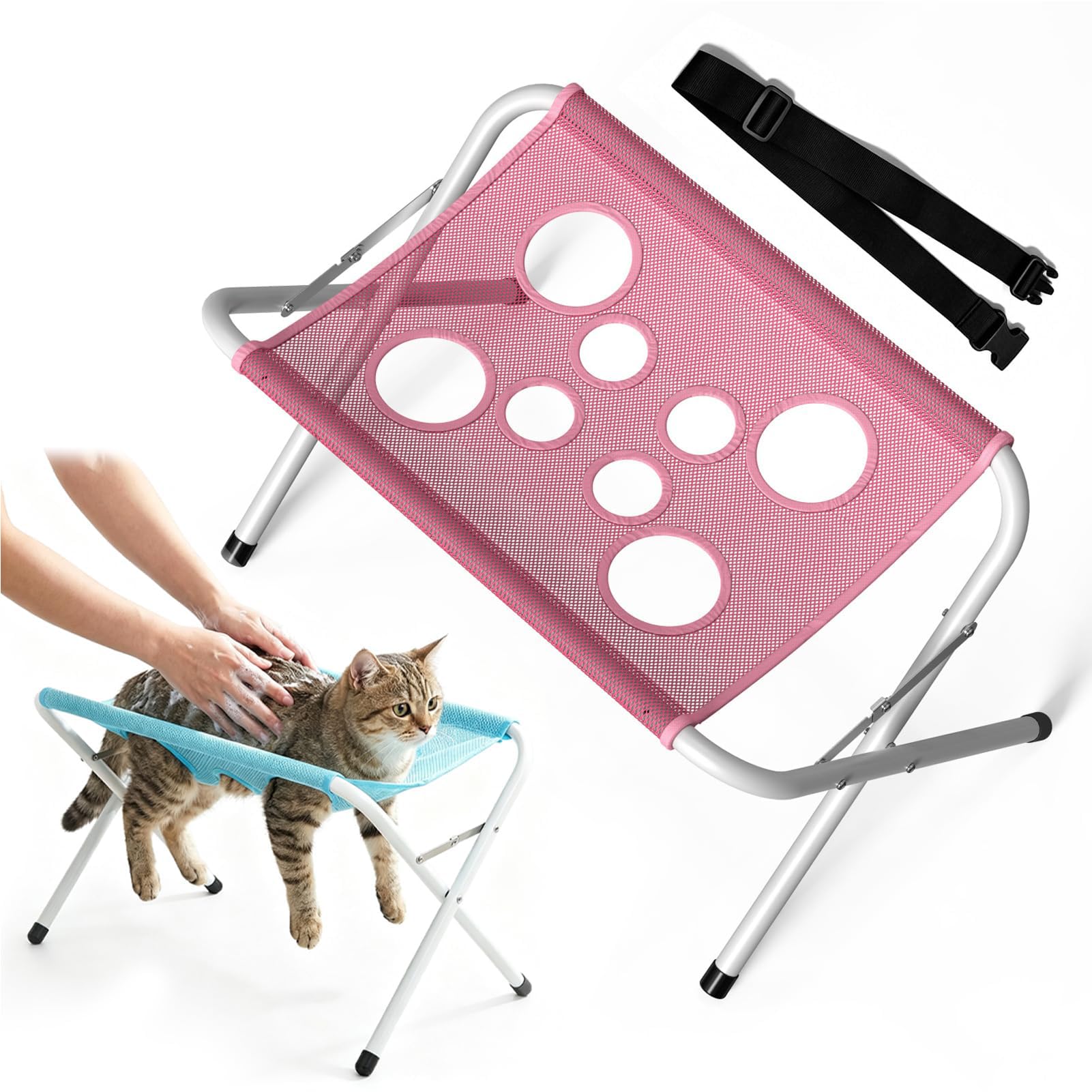 Folding Pet Grooming Table Stand, Portable Dog Washing Station，Pink