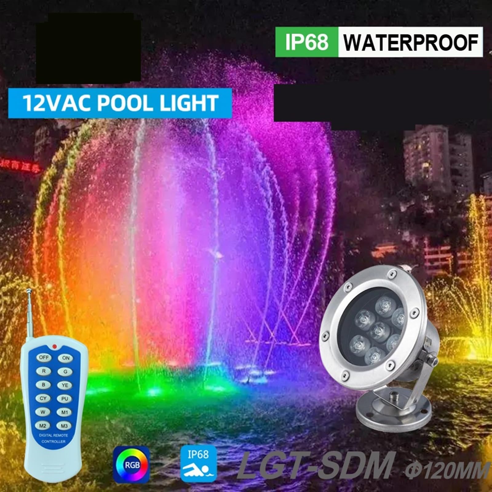 Luci subacquee in acciaio inossidabile, for piscina montate su superficie, Telecomando colorato RGB, paesaggistiche for laghetti rocciosi Giardino esterno(RGB,6W)