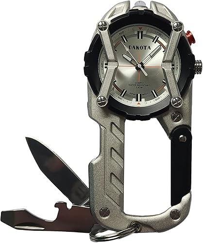 Dakota Multitool Clip Watch for Men  100ft Water Resistant Clip-On Watch with LED Light, Bottle Opener, Screwdriver & Carabiner  Stainless Steel