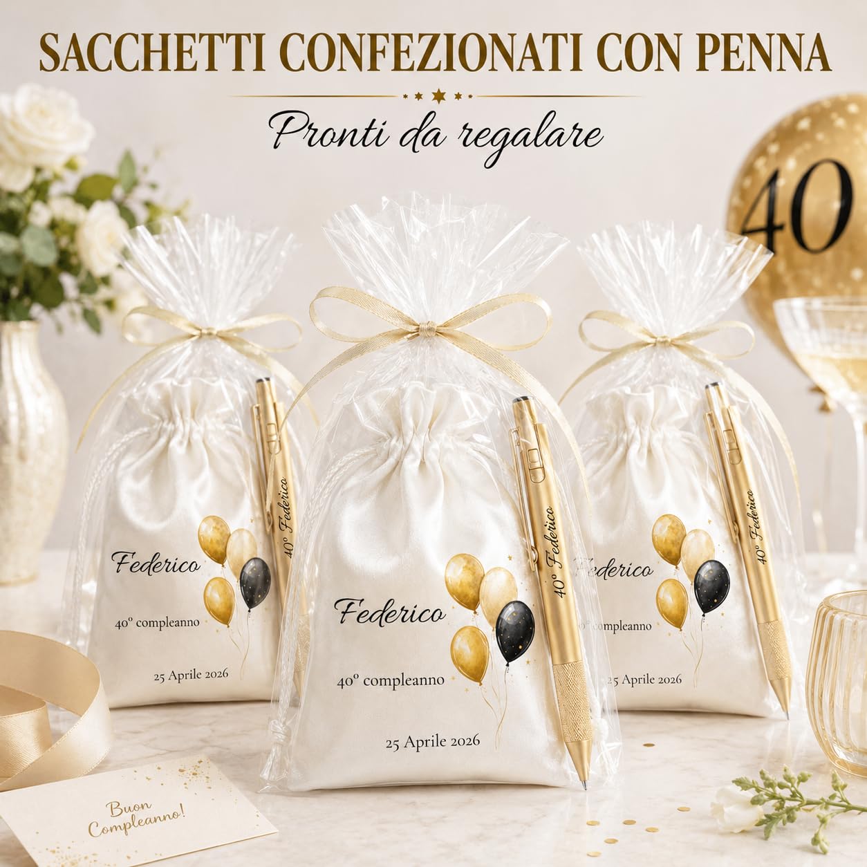 Cormar Kit 12 Sacchetti e 12 Penne Personalizzati Compleanno (STILE 1) | Venduti a Multipli di 12, Pronti da Regalare, Palloncini Oro e Nero, Sacchetto in Raso, Penna Dorata Inclusa