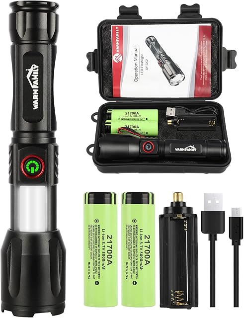 WARM FAMILY Torch, Led Torch, 10000 Lumens Torches Led Super Bright, Zoomable Led Torch Rechargeable, 5 Modes Flashlight with COB Work Light for Camping, Hiking, Walking, Emergency