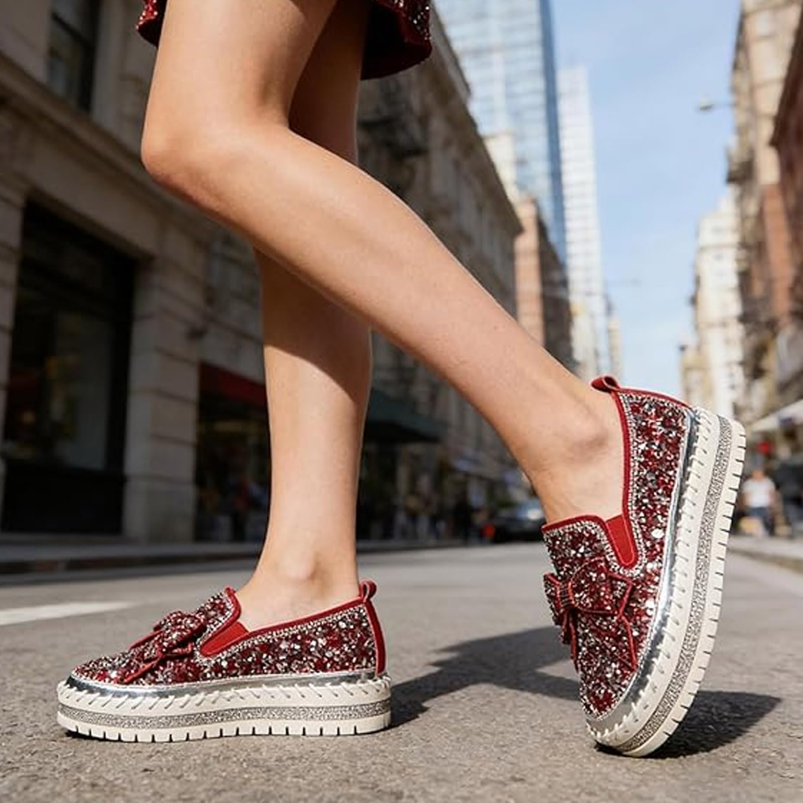 Mocasines de plataforma con lazo de diamantes de imitación para mujer, zapatos casuales con cristales brillantes para caminar, tenis de lentejuelas con purpurina para fiesta, boda, club nocturno