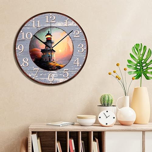 Miniatura 4 de Lighthouse - Reloj de pared redondo vintage silencioso de 15 pulgadas, sin tictac, funciona con pilas, faro costero de verano, estilo rústico,