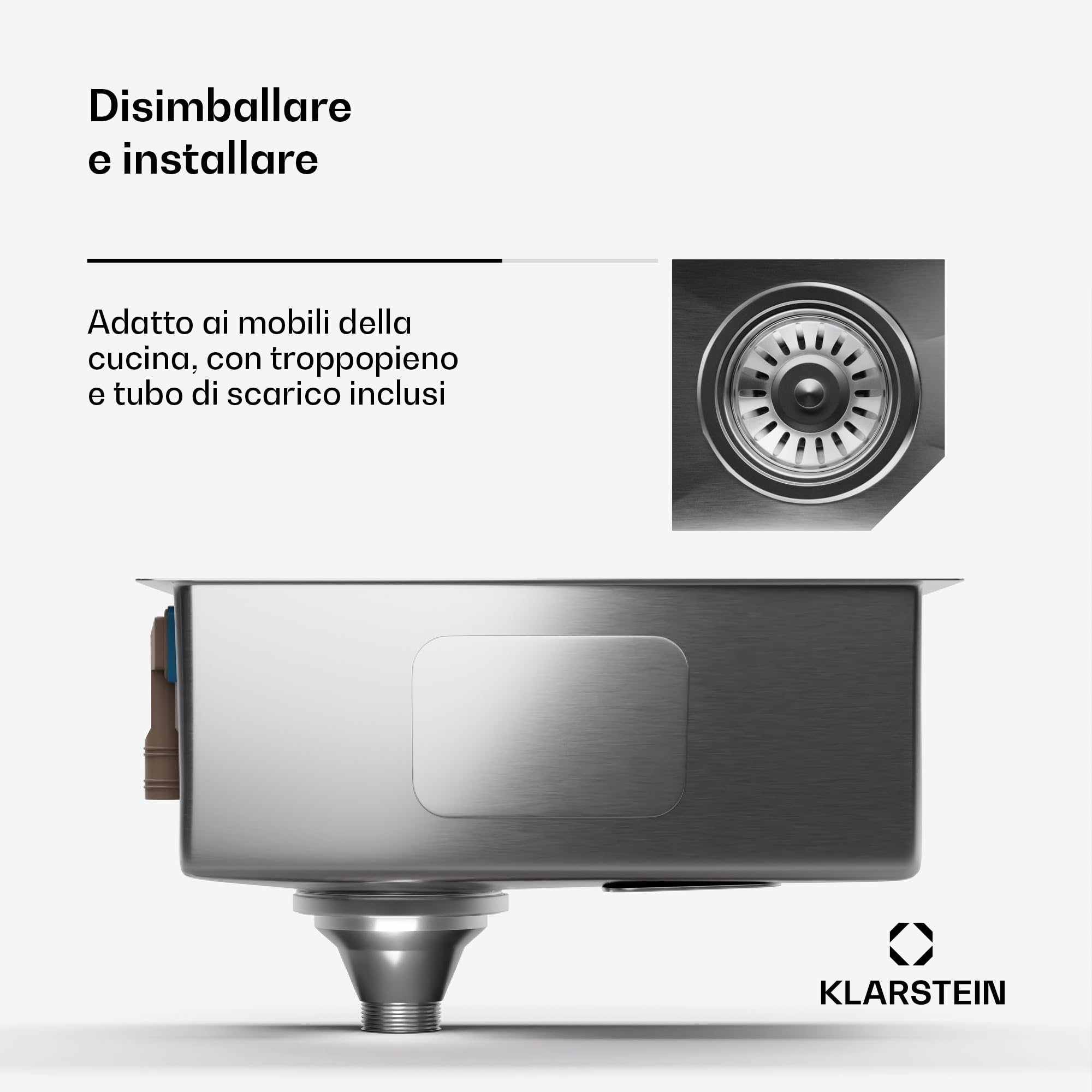 Klarstein Lavello Cucina – Acciaio Inox 304, Design Stretto 23 cm, Resistente a Graffi & Calore, Facile da Pulire, Include Kit Installazione & Troppopieno, 45x23 cm