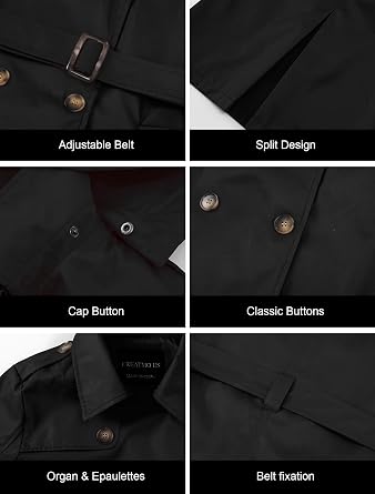 CREATMO US Women's Trench Coat Double-Breasted Classic Lapel Overcoat Belted Slim Outerwear Coat with Detachable Hood