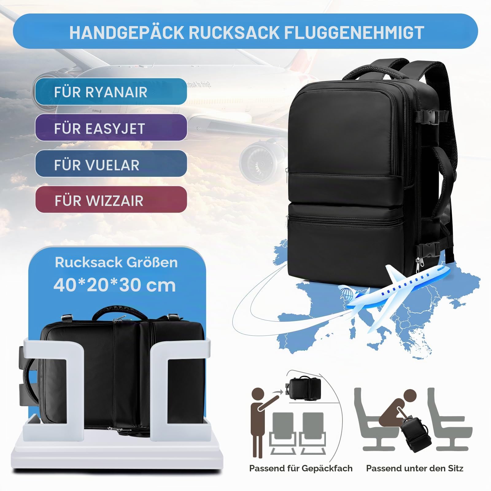 Handgepäck Rucksack Damen Travel Backpack 40x20x25 für Ryanair Reiserucksack Daypacks Mädchen Rucksack Wasserdicht Business Rucksack Damen Weekendertasche Schwarz