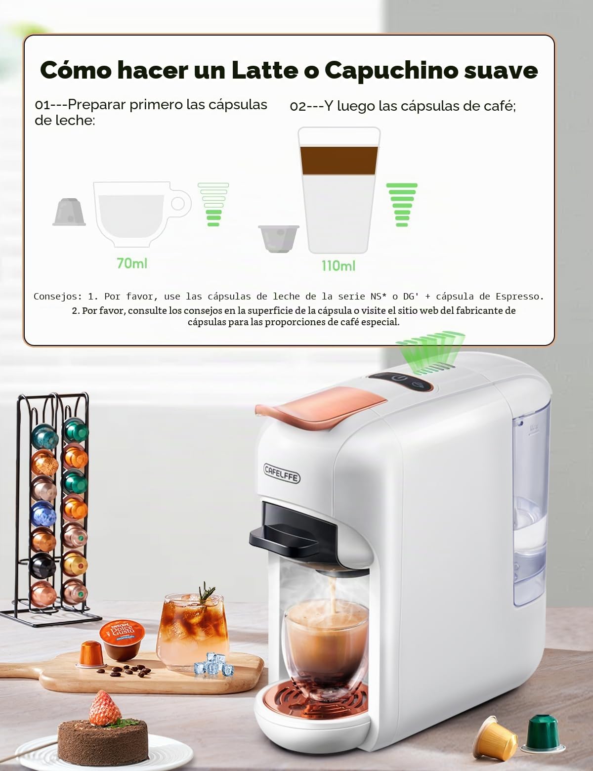 CAFELFFE Cafetera de cápsulas 5 en 1 MK-606, café frío/caliente, 19 bares, compatible con cápsulas NES*, DG*, K-Cup, ESE y café molido, modelo de bajo consumo, 0,6 L, ideal para regalar.