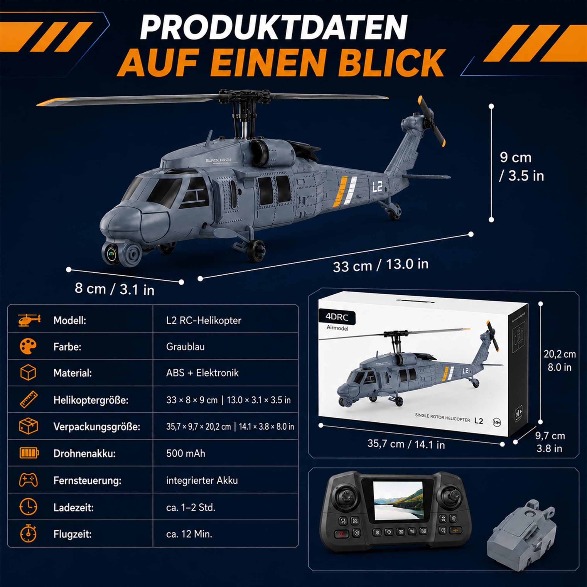RC Helikopter Brushless 4CH mit Optical Flow, HD Display, 2 Akkus | Optical Flow, Ein-Knopf-Start/Landung, HD Display Controller, geeignet für Indoor-Flug und Erwachsene