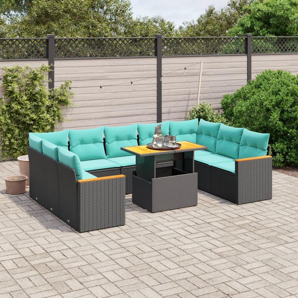 10 Piece Patio Sofa Set with Cushions Black Poly Rattan Outdoor Furniture Set Garden Seating Ensemble for Outdoor Backyard