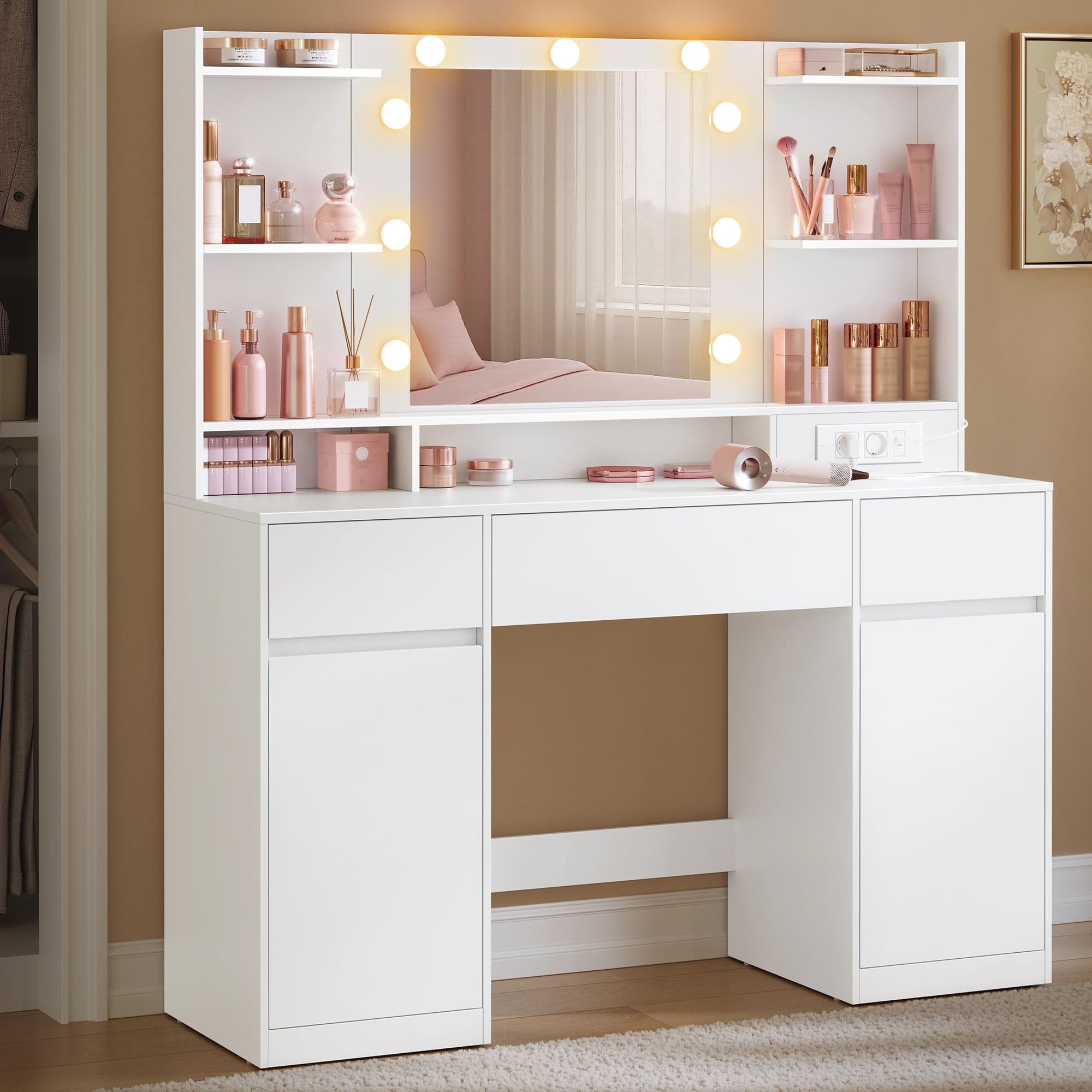 VASAGLE Kailyn Kollektion - Schminktisch mit Spiegel und LED-Leuchten, Steckdosenleiste, 2 Schränke, 9 dimmbare Glühbirnen, 3 Lichtfarben, werkzeuglose Gleitschienen, wolkenweiß RDT142WB02