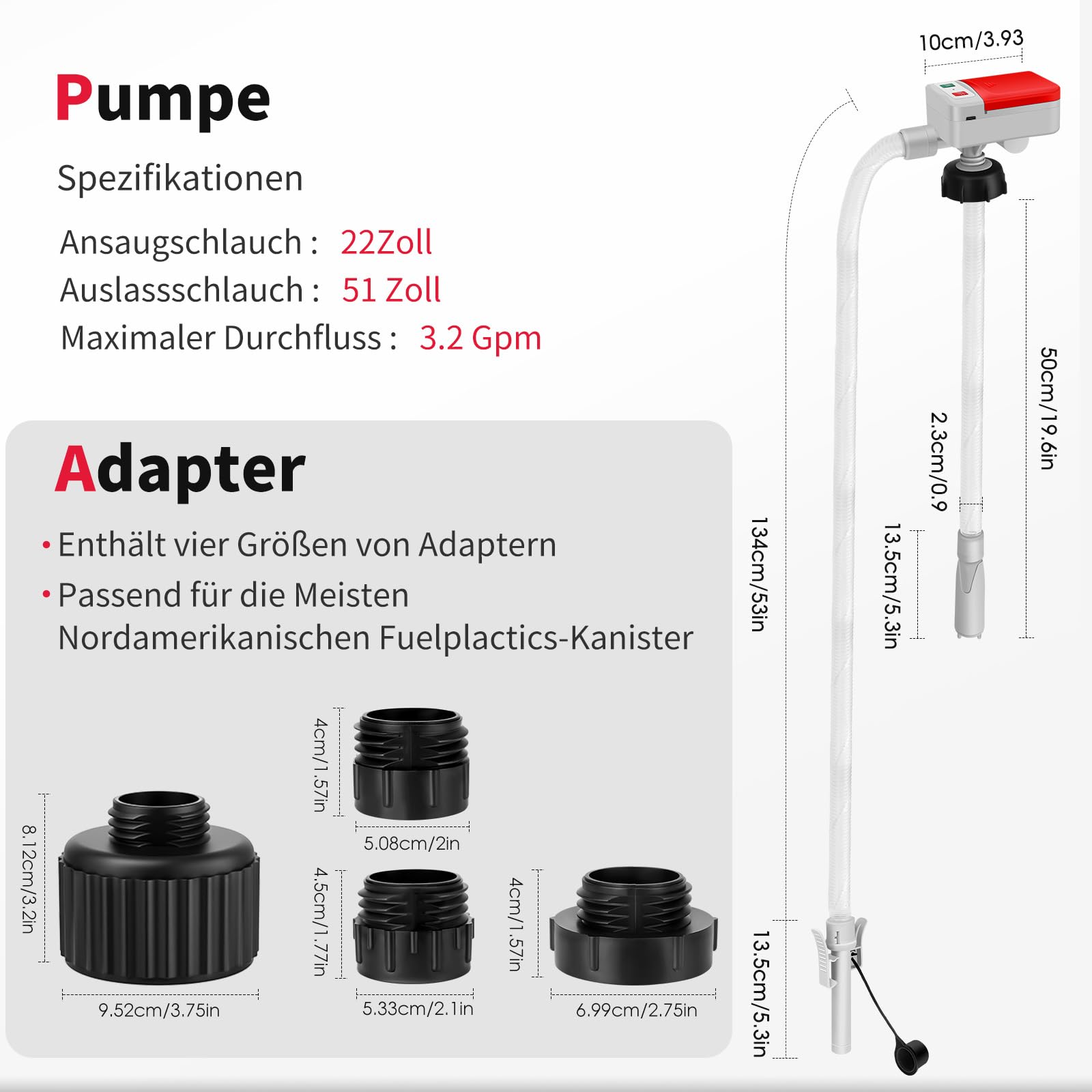 Pompa paliwowa, automatyczne wyłączanie, przenośna pompa przelewowa 12 V/USB-C do benzyny, oleju napędowego, nafty (12 l/min) z wężem 52 cali, 4 adapterami i funkcją bez użycia rąk – idealna do