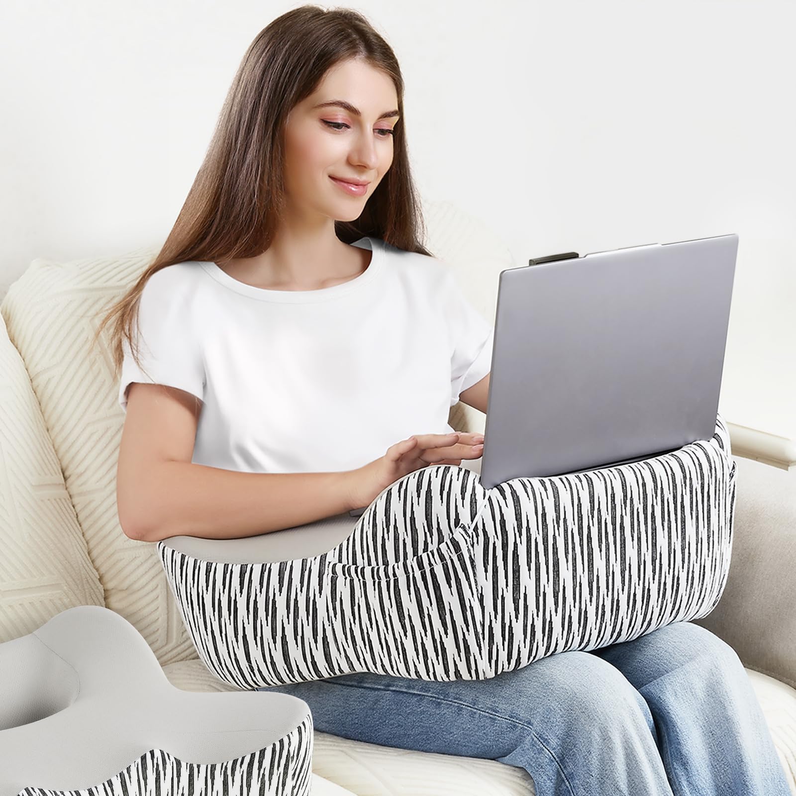 DONAMA Reading Pillow for Gaming, Lap Desk Pillow for Laptop, Arm Rest Pillow with Side Pockets, Memory Foam Bed Rest Pillow for Reading, Working, Gaming, Writing in Bed Couch Floor (Light Grey)