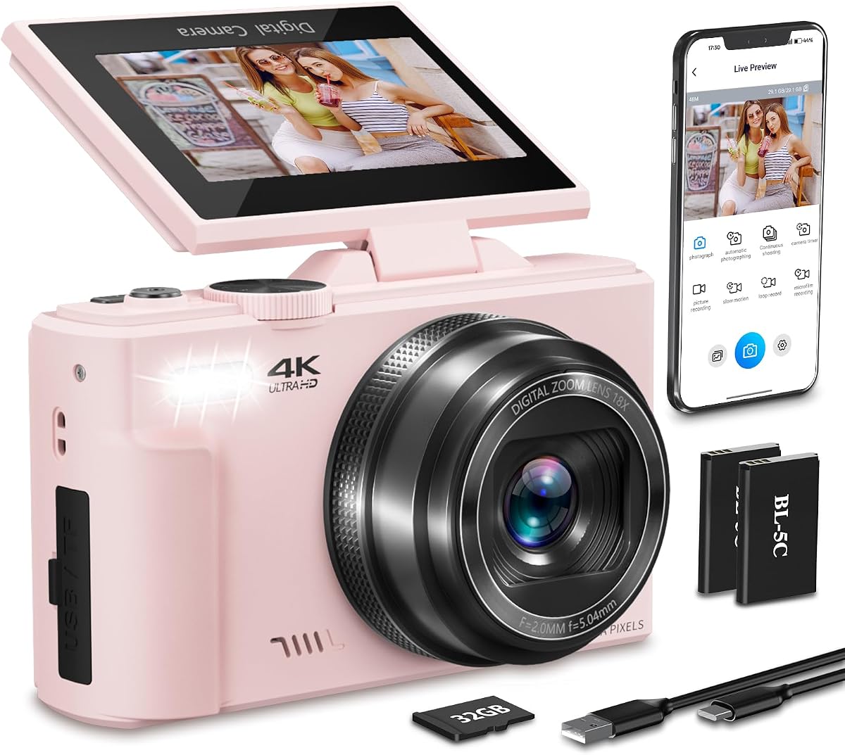 4K Digital Camera for Photography,64MP Vlogging Camera for YouTube(Pink) | 3" 180°Flip Screen, 18X Digital Zoom,WIFI,Autofocus Compact Camera with Flash,32GB TF Card & 2 Batteries