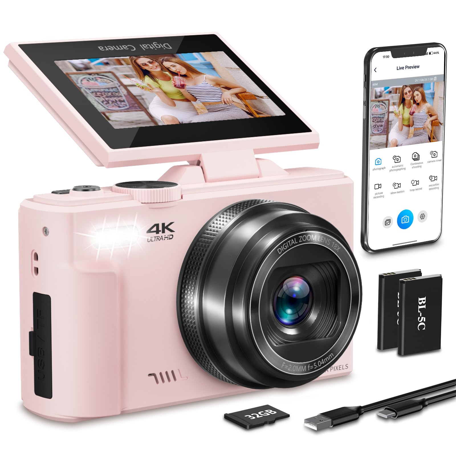 4K Digital Camera for Photography, 64MP HD WiFi Vlogging Camera for YouTube with 3" 180°Flip Screen, 18X Digital Zoom,Autofocus Compact Camera with Flash,32GB TF Card & 2 Batteries(Pink)-image-47