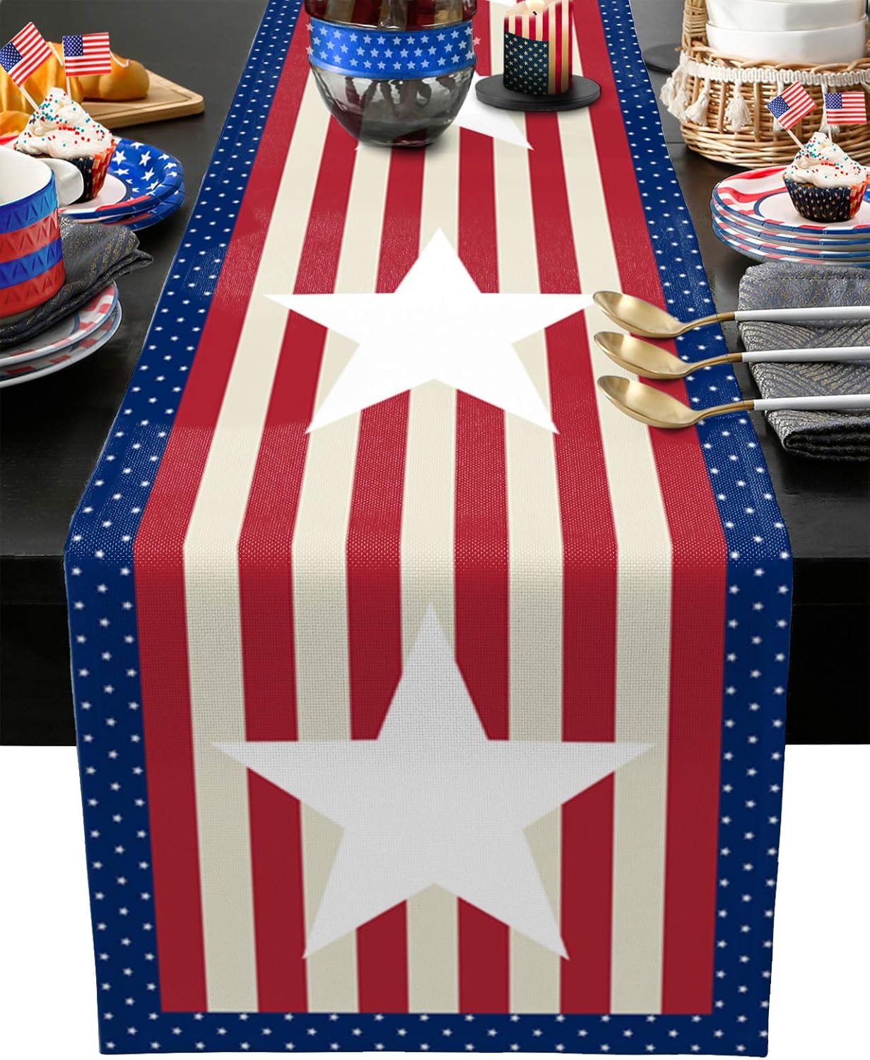 Independence Day Cotton Linen Table Runner Dresser Scarves,July 4th USA Flag Theme Stars Table Runners for Dinning Table,Red White and Blue Kitchen Holiday Dinner Decoration-13x90 Inch