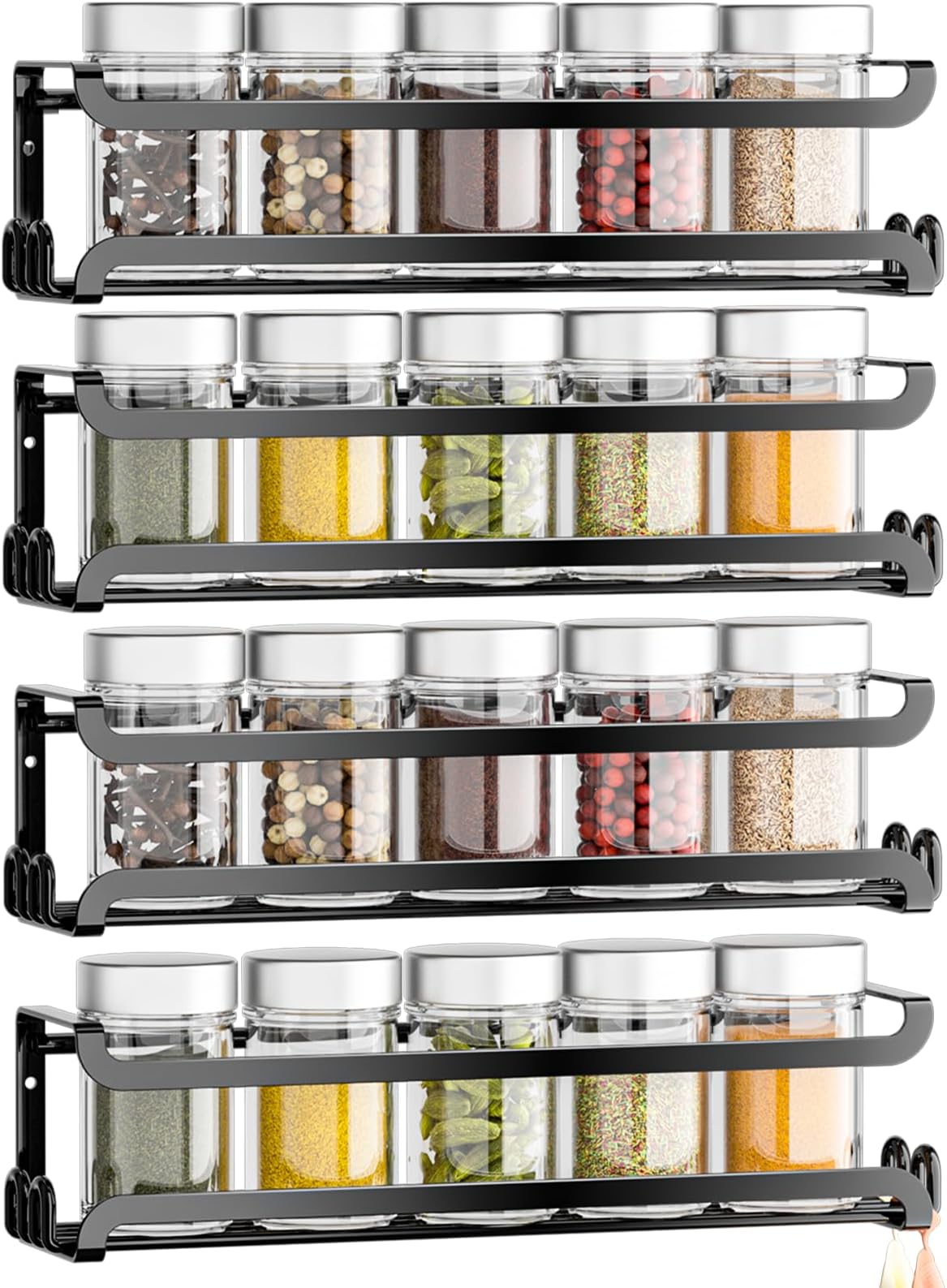 LUCYCAZ 4 Pack Wall Mounted Spice Rack with 16 Hooks, Spice Organizer Shelf for Stove Cabinet Pantry Door,Screw or Adhesive Spice Shelf Hanging Wall Spice Rack in Kitchen and RV (Black, 4 PACK)