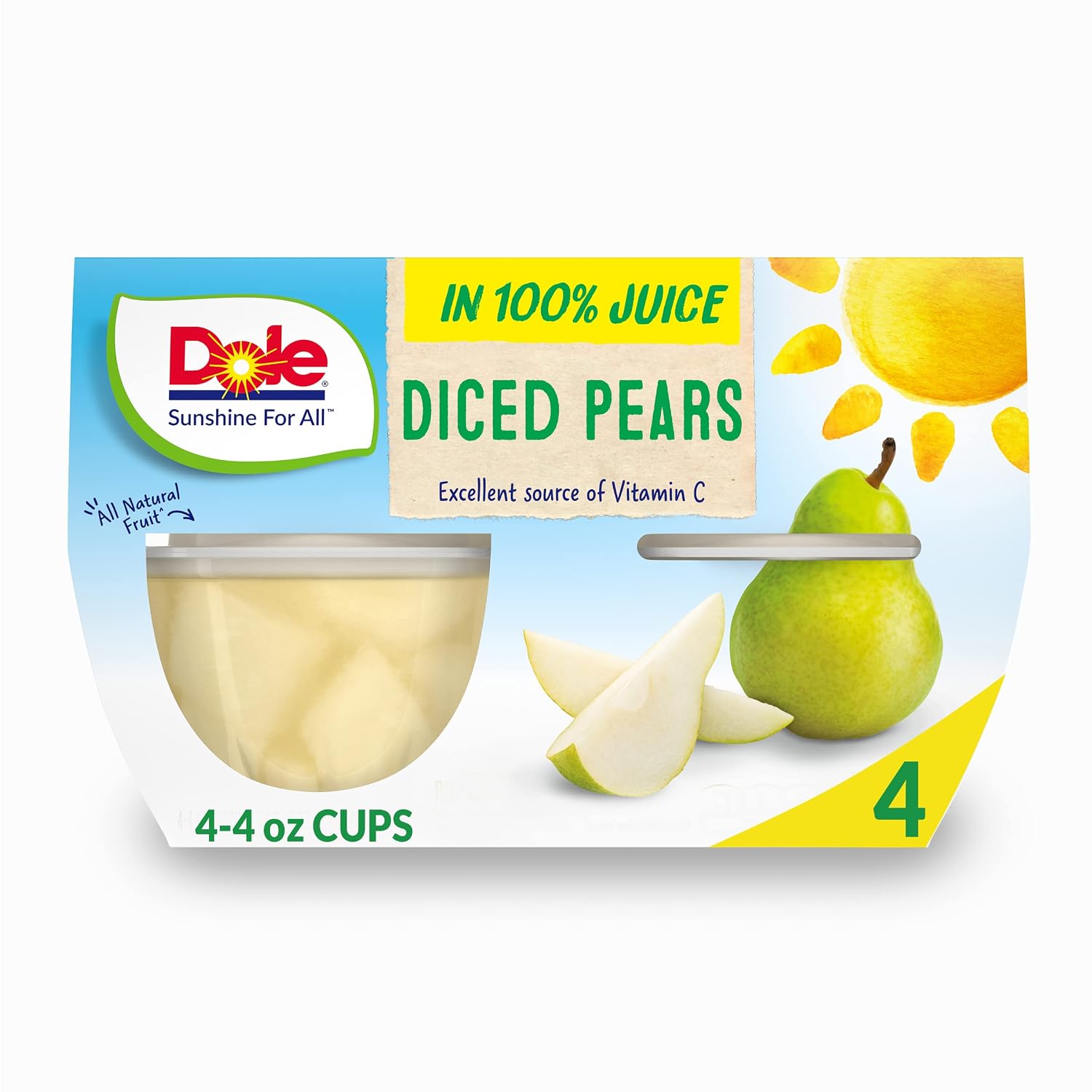 Dole Fruit Bowls Diced Pears in 100% Juice, Gluten Free Healthy Snack, 4 Oz, 4 Cups