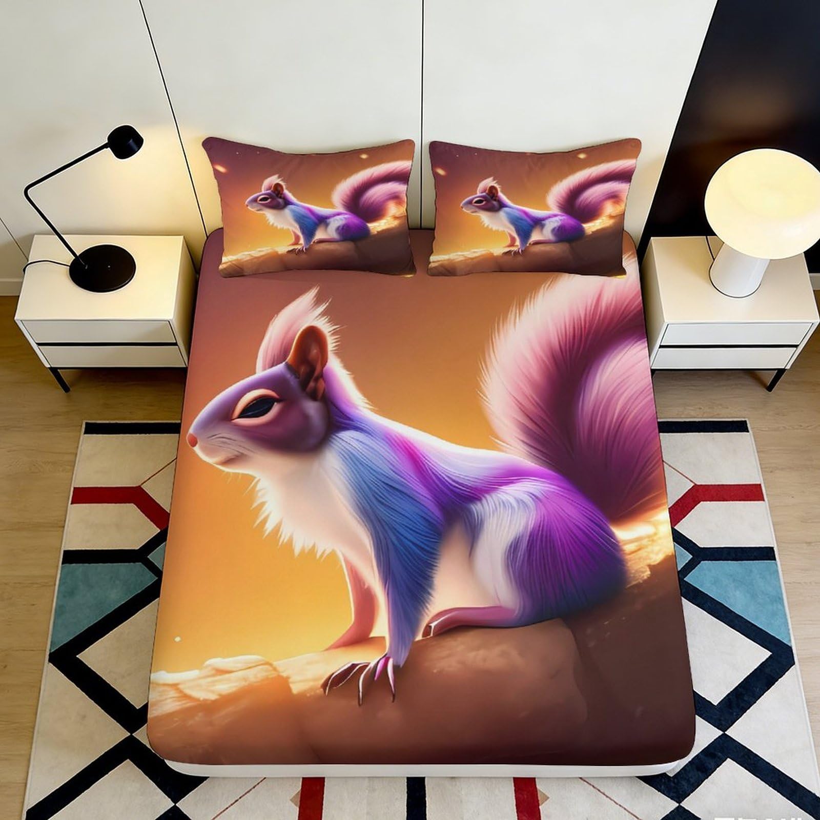 3D Printed Purple Squirrel Fantasy Fitted Sheet Microfiber Soft Anti-Slip Forest Dream Bed Cover for Bedroom Dorm 160x200x25cm