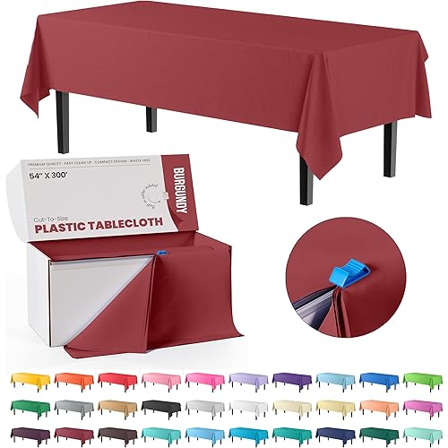 Party Solids 54 Inch X 300 Feet Burgundy Plastic Table Cover Roll in A Cut - to - Size Box with Convenient Slide Cutter. Cuts Up to 36 Rectangle 8 Feet Plastic Disposable Tablecloths