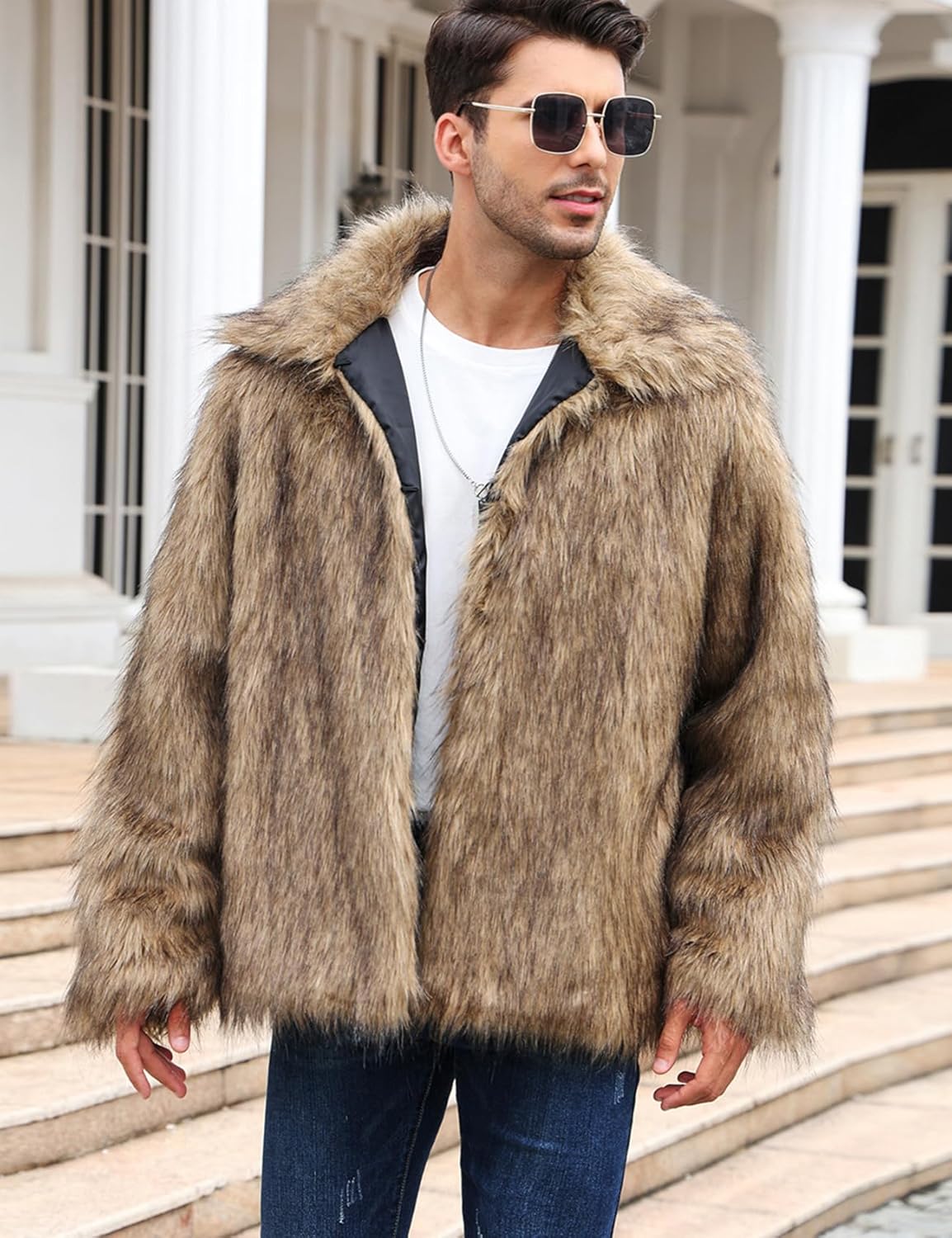 Arssm Mens Luxury Faux Fur Jacket Fluffy Furry Coats Lapel Collar Long Sleeve Outerwear Winter Warm Cardigans - Image 2