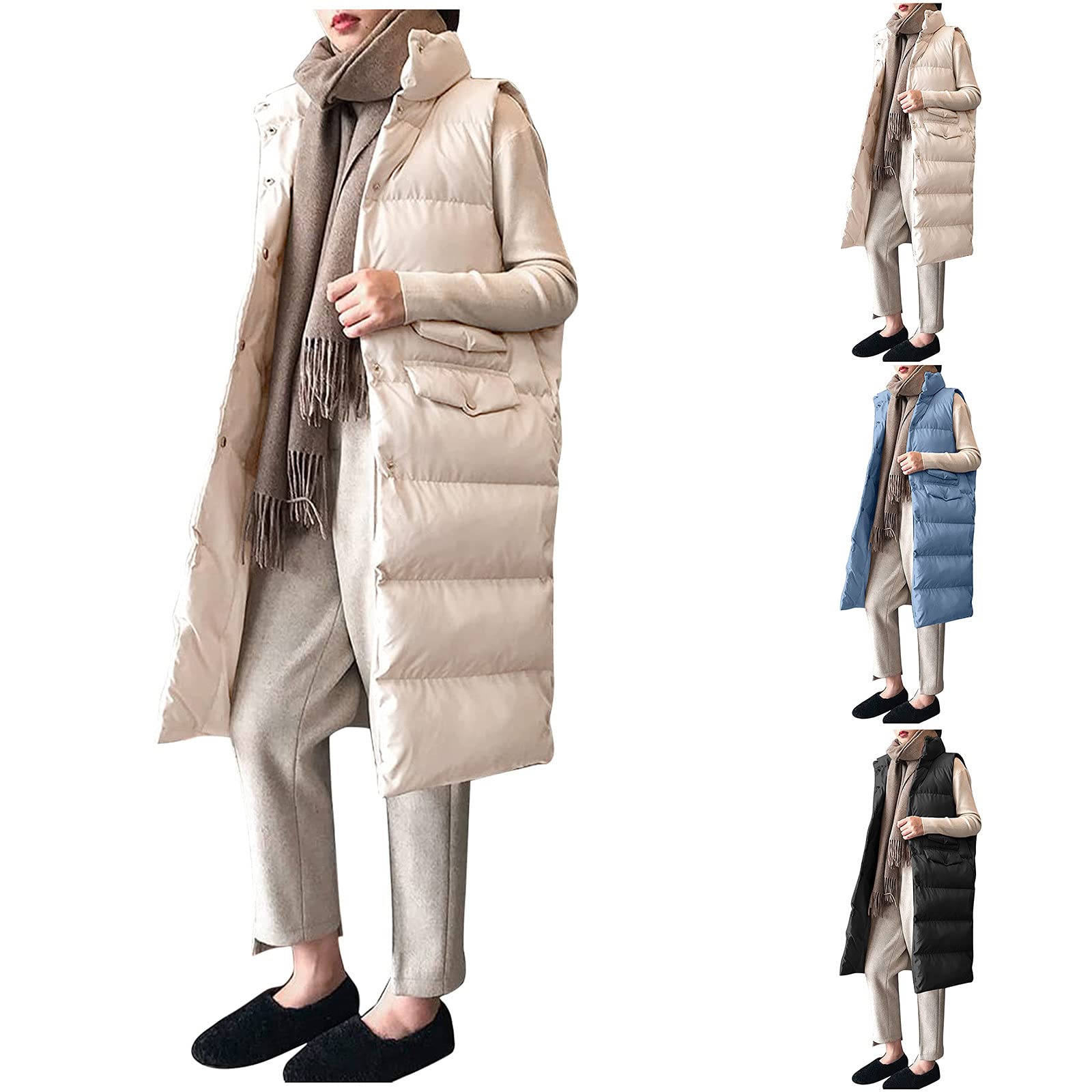 Generisch Chaleco de plumón para mujer, ligero, largo, sin mangas, chaqueta de plumas para mujer, chaqueta de plumas para exteriores, abrigo de invierno cálido, abrigo de invierno con botones