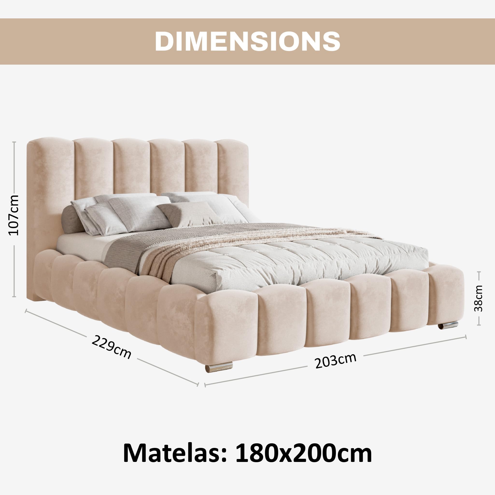 MOTIVENA Grand Cadre de Lit Bubble 180x200, avec Sommier sans Matelas, avec Rangement, Capitonné, Rembourré, avec Pieds, Velours, avec Tête de Lit Coffre 180x200 Beige Crème