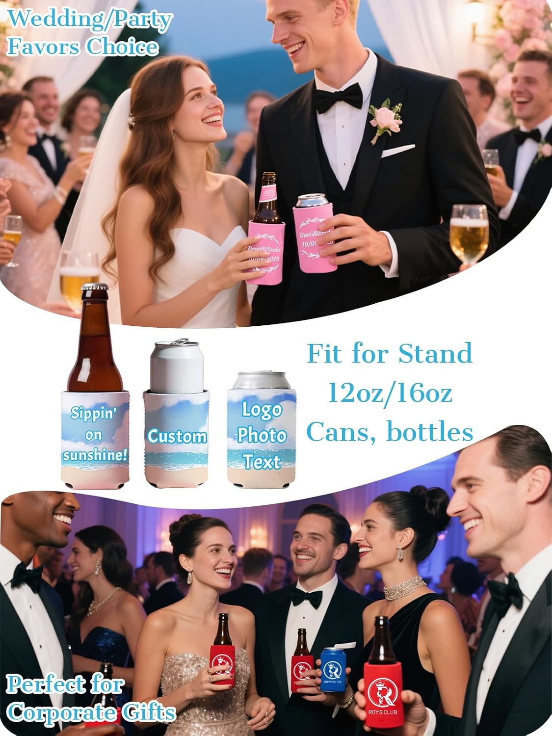 HJX 100Pcs Personalized Can Coolers with Logo Custom Photo Text Can Cooler Sleeves, Personalized Bulk Coolers Favors for Birthday Party Wedding Promotional Items