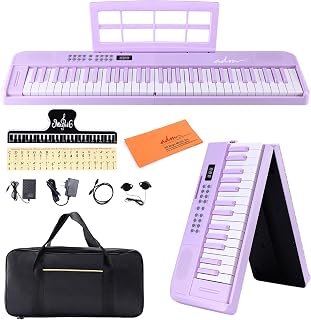 ADM 61 Key Folding Electric Piano Keyboard, Foldable Piano Electronic Keyboard, Wireless 128 Tones, 128 Rhythms Includes Pedal, Gig Bag, Headphones for Beginners, Students, Adults, Purple