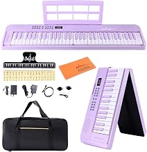 ADM 61 Key Folding Electric Piano Keyboard, Foldable Piano Electronic Keyboard, Wireless 128 Tones, 128 Rhythms Includes Pedal, Gig Bag, Headphones for Beginners, Students, Adults, Purple