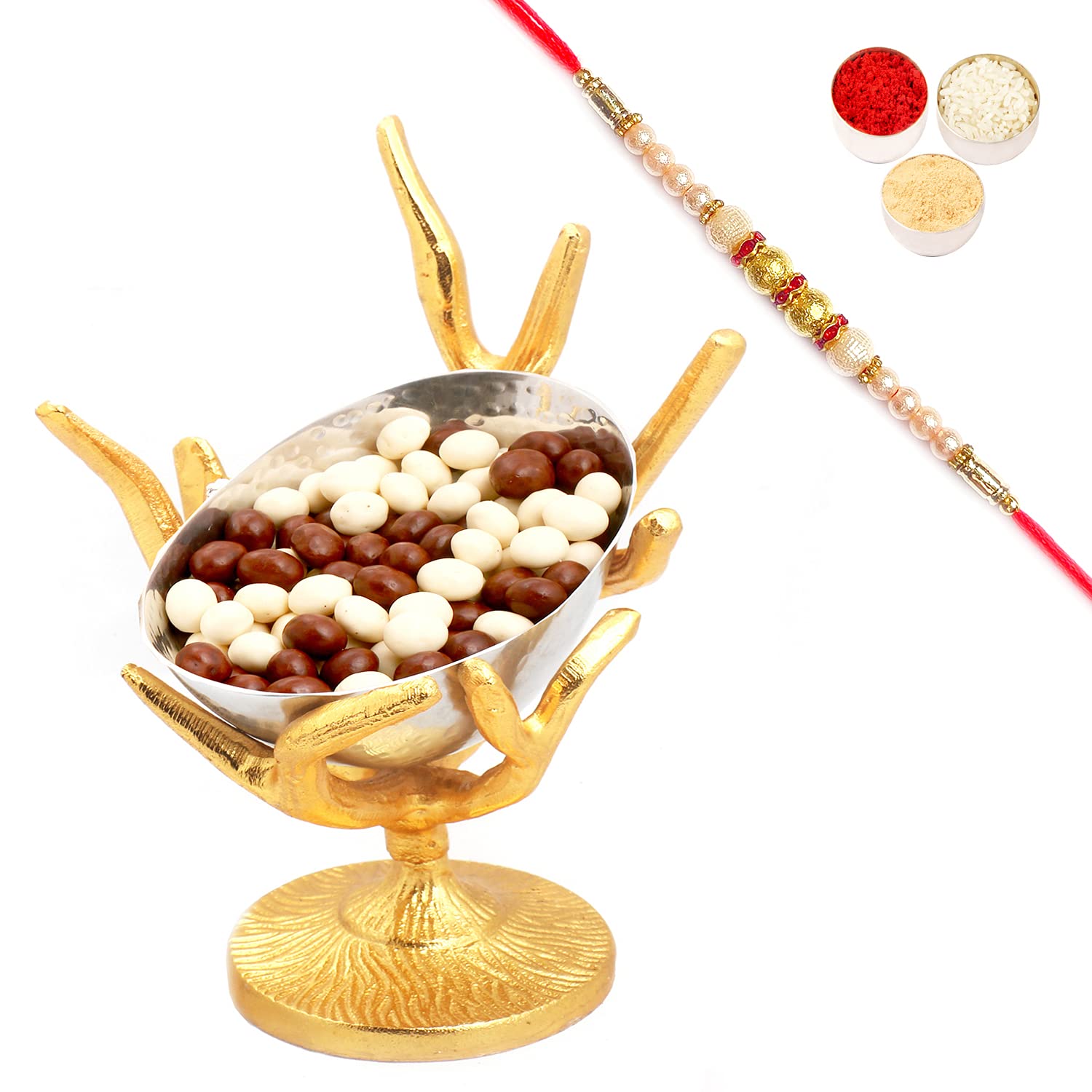 Ghasitaram Gifts Rakhi Gifts for Brothers Rakhi Dryfruits- Silver Designer Tree Roasted Cashew Bowl with Pearl Rakhi