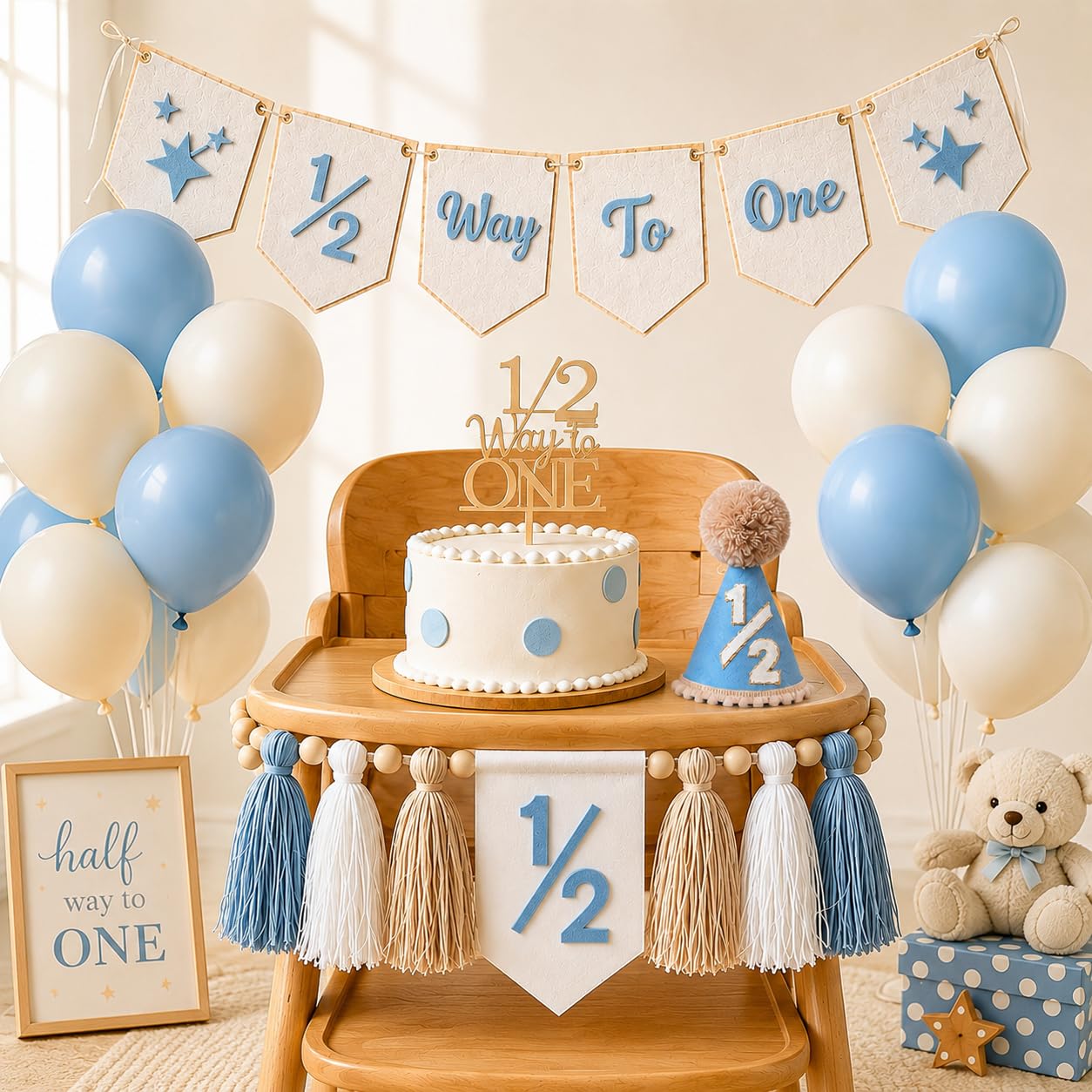 Photo 1 of 1/2 Birthday Boy Blue Half Birthday Decorations-1/2 Way To One Felt Banner Cake Topper High Chair Banner Half Birthday Hat and Latex Balloons For 6 Months Birthday Decorations Boy (Pre-Strung)