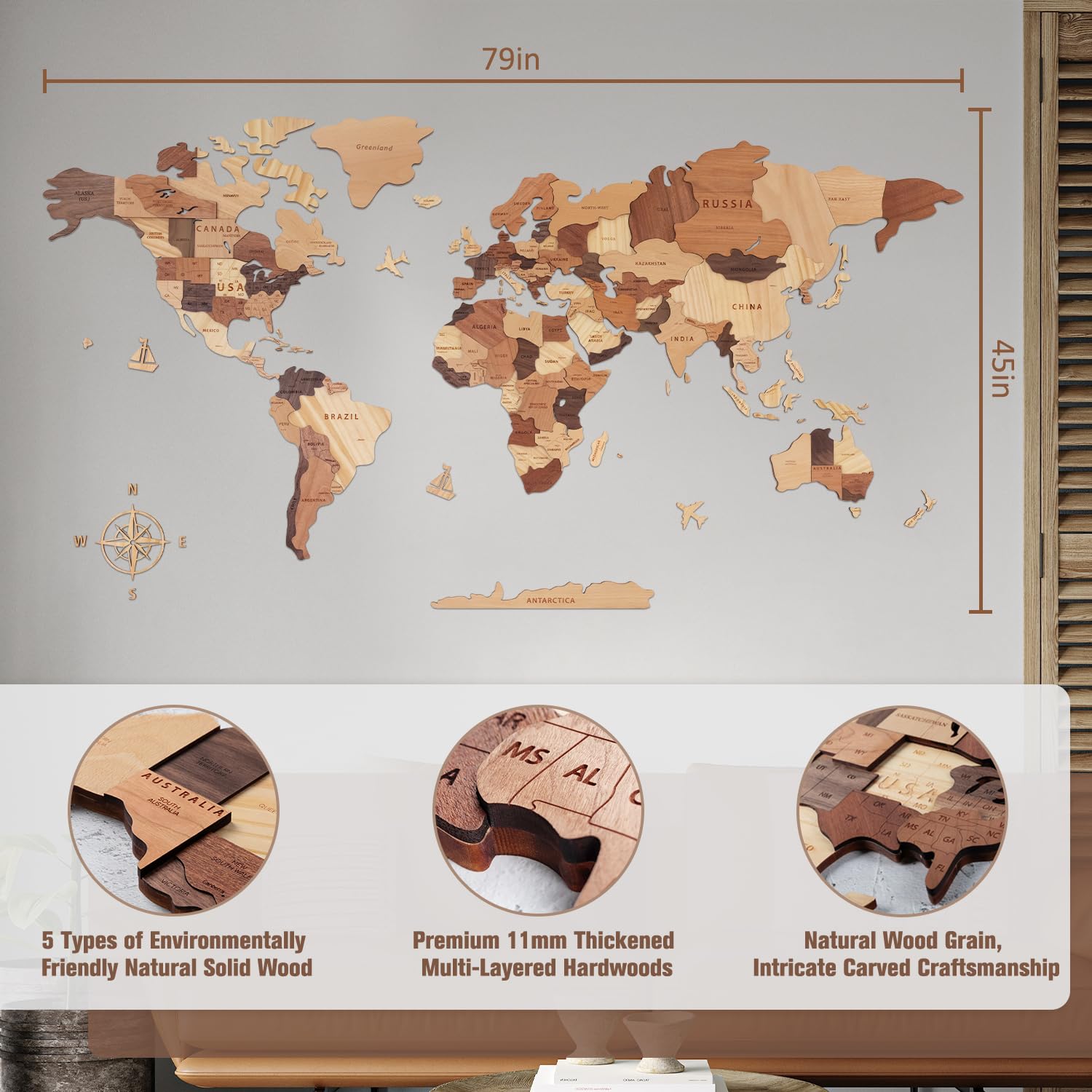 Handiwoo Mapa del mundo de madera 3D, mapa del mundo de madera, arte de pared de madera multicapa, idea de regalo de inauguración de la casa, mapa de viaje de madera grande para decoración del hogar y