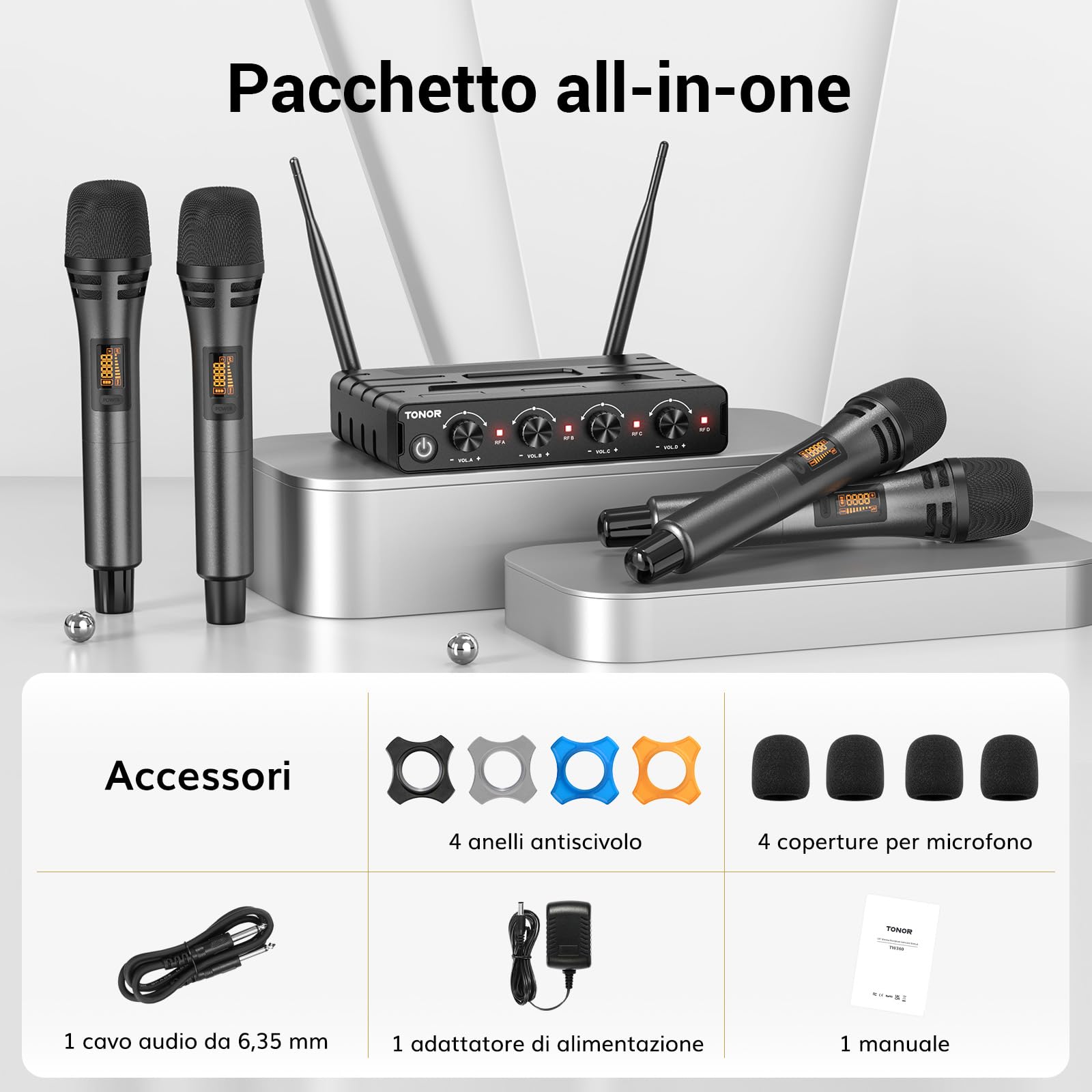 TONOR Microfono Wireless Karaoke con 4x5 Canali, 4 UHF Microfoni Palmare Senza Fili con Portata 60m, Sistema di Microfono Adatto per Canto/Festa/Chiesa/Matrimonio/PA Speaker