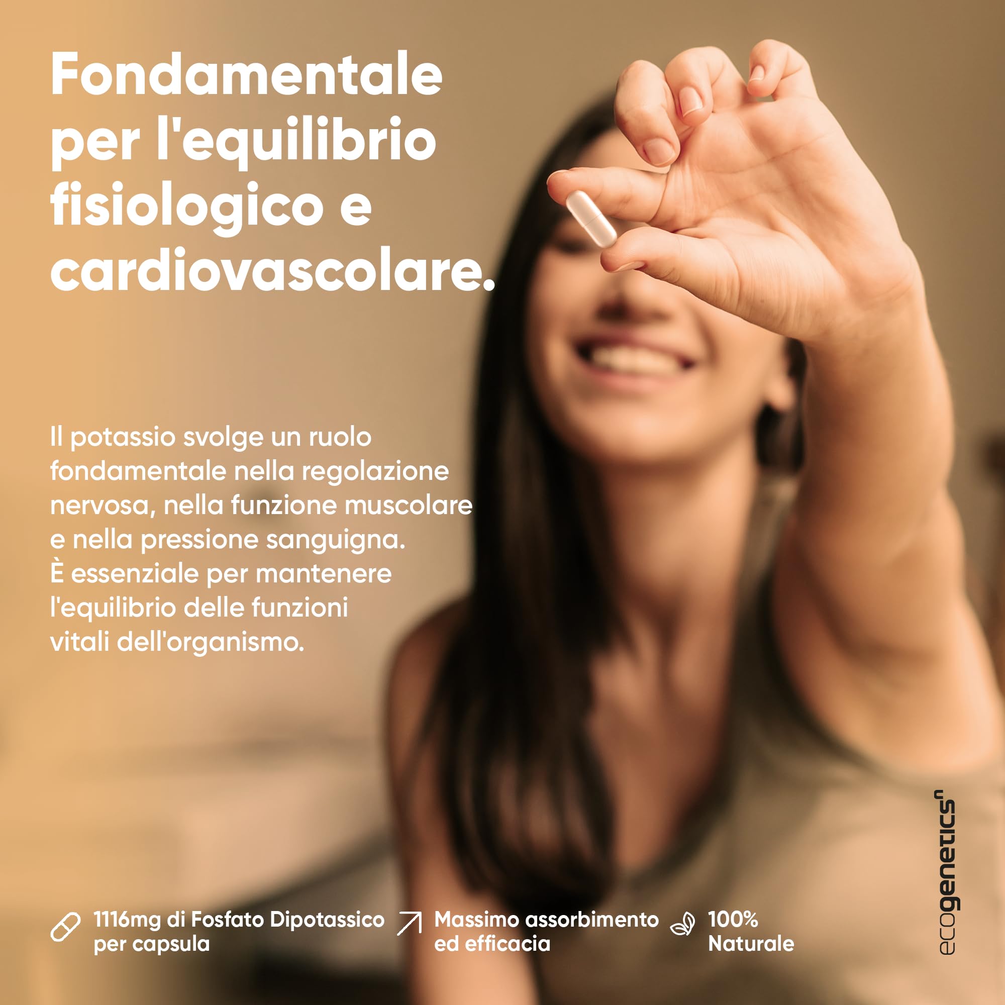 ECOGENETICS - Potasio 1000+ | Potasio en Pastillas, 120 Cápsulas | Suplemento Alimenticio de Fosfato Dipotásico | Fósforo y Potasio | Complemento de Vitaminas y Minerales