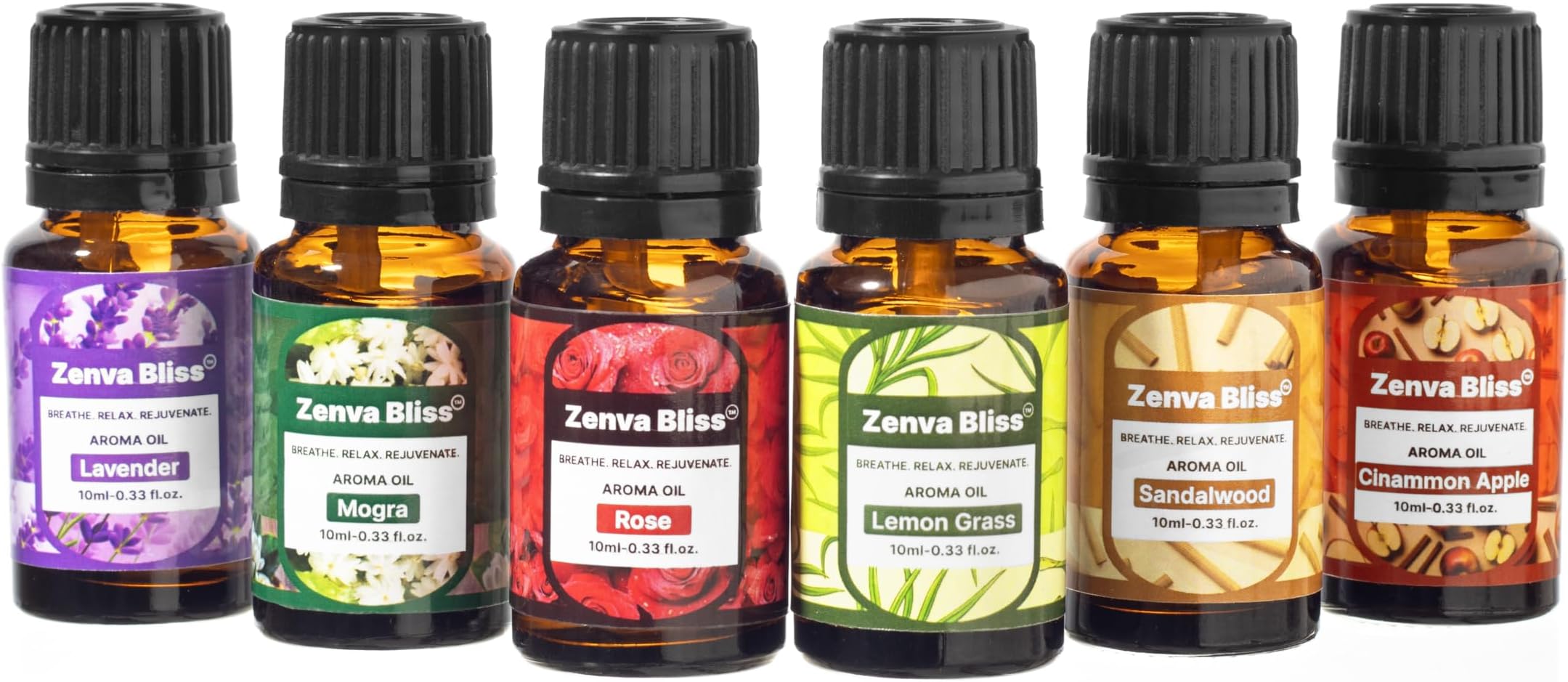 Aroma Oil Pack of 6 | Lavender, Rose, Lemongrass, Mogra, Sandalwood, Cinnamon Apple Aroma | 10 ml x 6 (60 ml) | Pure Fragrance Oil for Home & Office Fragrance, Diffusers