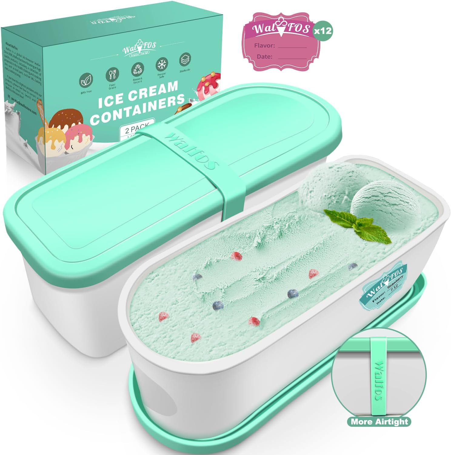 Walfos Ice Cream Containers for Homemade Ice Cream 1.6 Quart, Bonus Sealing Bands