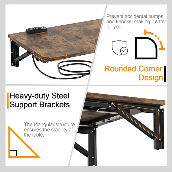 TEAMIX Folding Wall Table for Small Spaces - Rustic Brown, 22 x 15.7inch | Heavy-duty Brackets, Space-saving Design, Use as Home Office Desk, Laundry Shelf, Drop Leaf Table for Kitchen/Bedside/RV