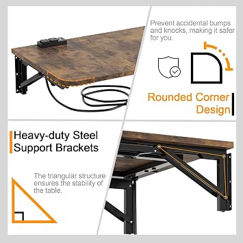 TEAMIX Folding Wall Table for Small Spaces - Rustic Brown, 22 x 15.7inch | Heavy-duty Brackets, Space-saving Design, Use as Home Office Desk, Laundry Shelf, Drop Leaf Table for Kitchen/Bedside/RV