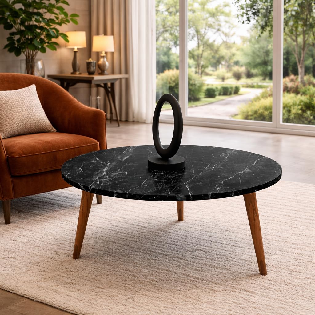 Tavolino Tondo da Caffè in Legno Basso - Moderno, Adatto per Soggiorno, Hall Albergo, Ufficio, Arredamento Casa, Sala da Tè, con 3 Gambe, Elegante - D.75x43h cm (Effetto Marmo Nero)