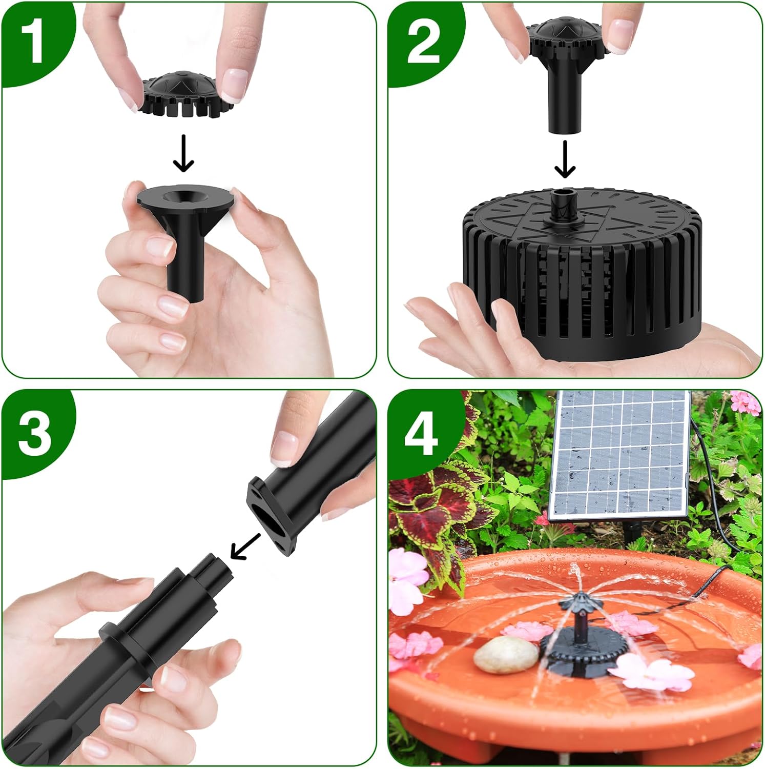 Four-step visual guide showing how to assemble the nozzle onto the pump and then place the pump in water.