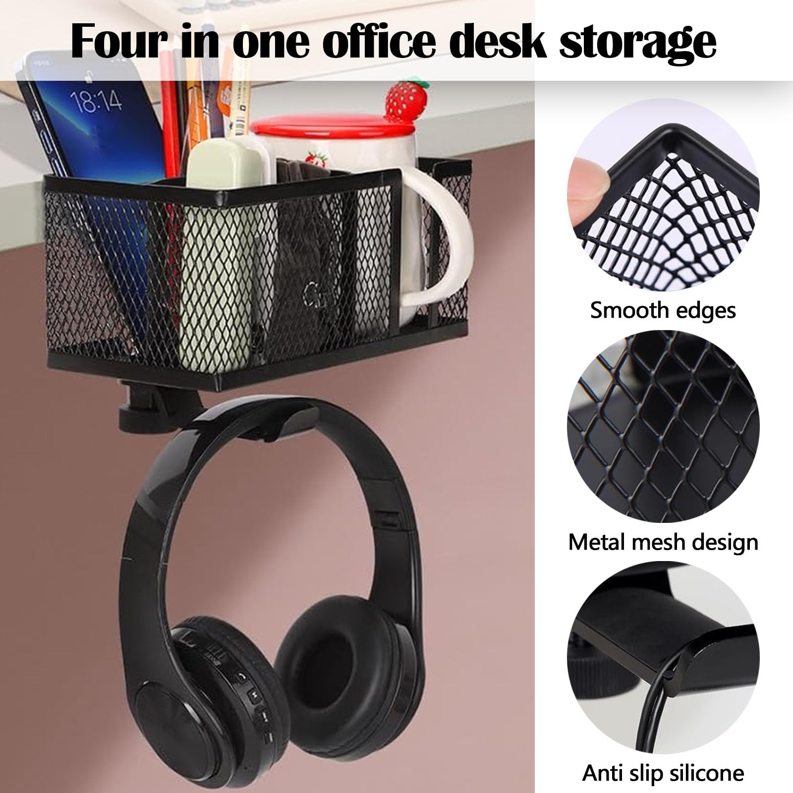 Supporto 4 in 1 per Tazze da scrivania con Cuffie sotto la scrivania Supporto per Cuffie Girevole Supporto per Cuffie Rimovibile Tazza Organizer per Penne Tazza per Telefono cellul